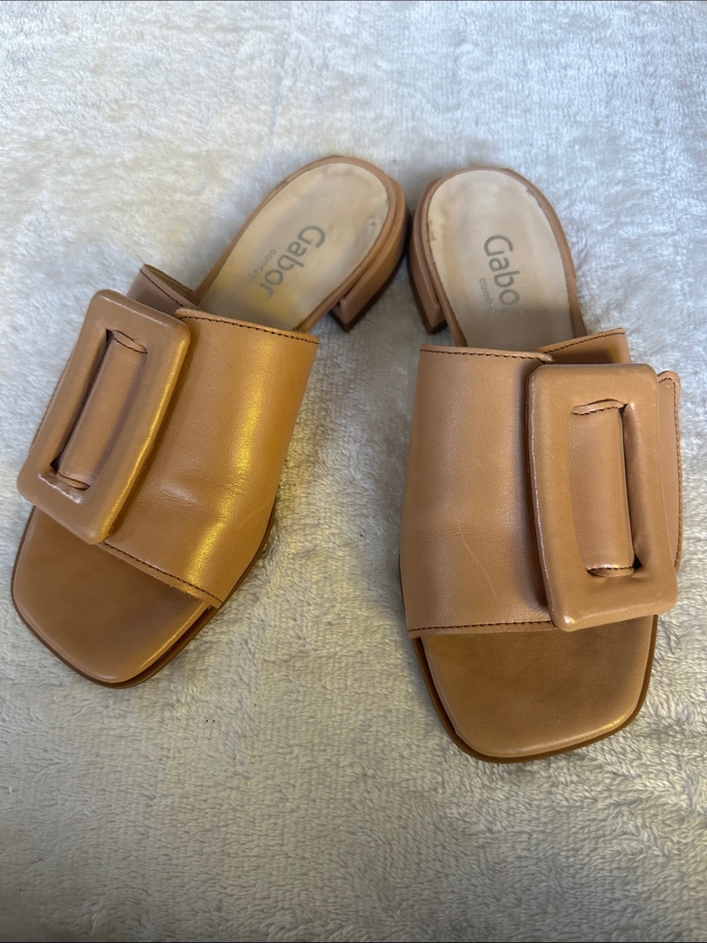 Gabor Leather Tan Buckle Slide Mules